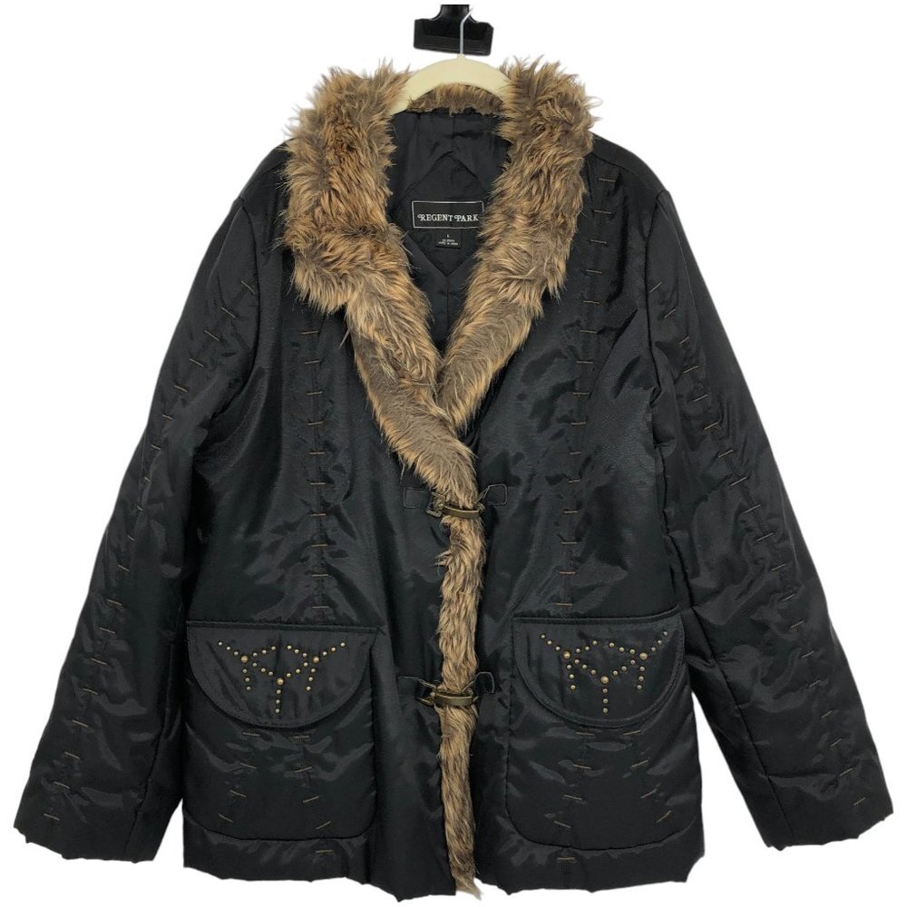 Regent Park Black Faux Fur Trim Thick Parka Jacket size L